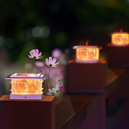 Dynaming 2 Pack Solar Flame Post Lights Outdoor, Solar Powered Fence Post White Shell Cap Light, High Brightness Flickering Flame LED Lighting for Garden Deck Patio, Fit 4x4 5x5 6x6 Vinyl/Wooden Posts