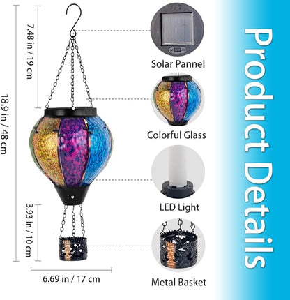 Solar Hot Air Balloon Outdoor Lantern with Flickering Flame, Handmade Glass Hanging Outdoor Lantern Waterproof Decorative Lantern Lamp for Patio, Garden, Porch (Colorful)