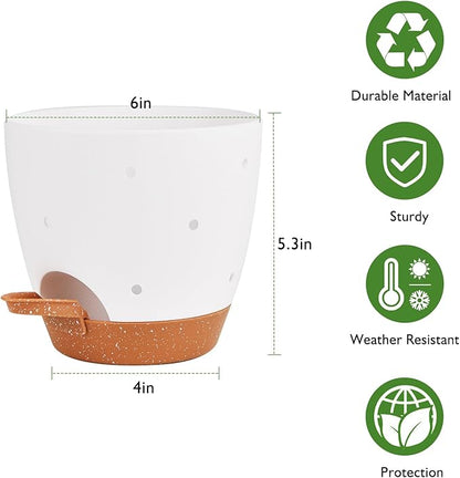 6 Inch Orchid Pots with Holes, 2 Pack Self Watering Planters for Orchids Plastic Orchid Pot Plant Flower Pots for Orchids Indoor Outdoor (White with Brown)