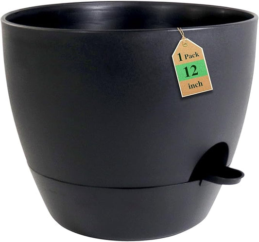 12 inch Large Self Watering Pots, Flower Plant Pots with Multi Mesh Drainage Holes for Indoor Outdoor Garden Plants and Flowers, Plastic Planters with Removable Deep Reservoir, Black
