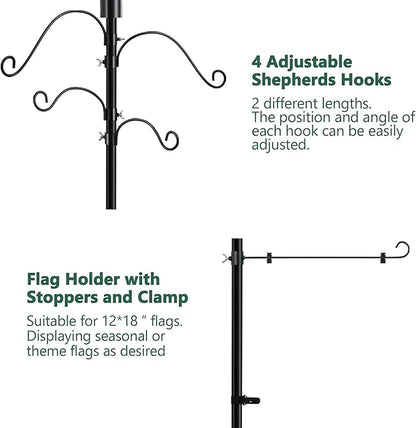 Solar Shepherds Hooks with Hand Blown Glass Lamp, Decorative RGB Lights, 4 Hooks & 1 Flag Holder, Heavy Duty Stand for Hanging Hummingbird Feeder, Bird Feeder, Plant, Garden Path Light (Red)