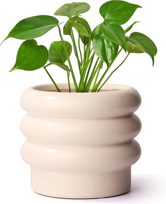 Tiered Bubble Ceramic Plant Pot, Creamy White 6 Inch Ceramic Planter with Drainage Holes, Ceramic Flower Pot with Mesh Pad, Rubber Plugs, Ceramic Pots for Indoor Plants Outdoor, Modern Décor