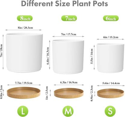 8/7/6 inch Plant Pots, 3 Pack Cylinder Flower Pots for Outdoor Indoor Plants, Decorative Plastic Planters with Drainage Holes and Saucers for Garden House Plants, White with Brown