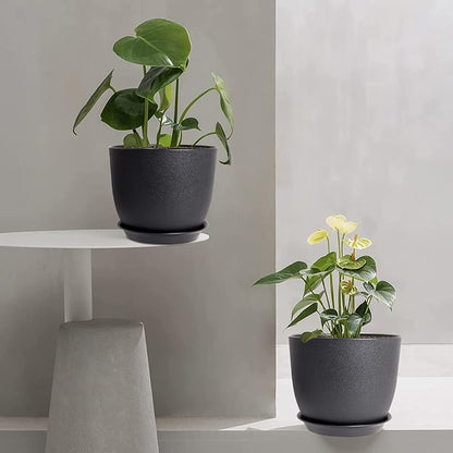 12/10/9 Large Modern Plant Pots, Plastic Planters with Drainage Holes and Saucers for Indoor Outdoor Plants Flowers, Black