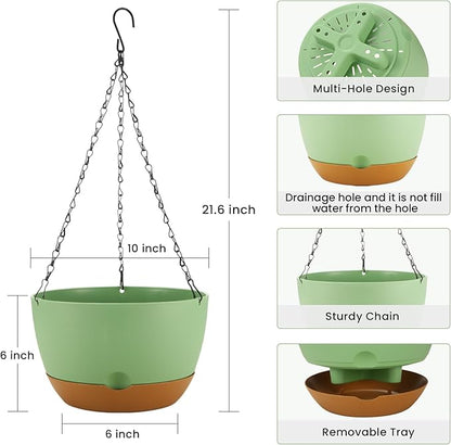 10 Inch Hanging Planter, 2 Pack Hanging Plastic Plant Self Watering Pot with Drainage Holes & Saucers, Hanging Baskets Flower Pots for Indoor Outdoor Garden Plants and Flowers-Green