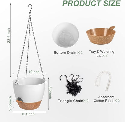 Hanging Planters for Indoor Outdoor Plants, 2 Pack Self Watering Hanging Pot with Drainage Holes & Removable Tray (White, 10'')