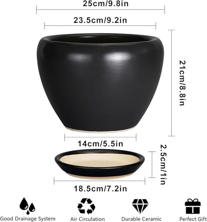 Ceramic Pot for Plants - 10 Inch Plant Pot Indoor with Drainage Hole and Saucer Large Planter Decorative Planter Modern Outdoor Flower Pot for House Balcony Black