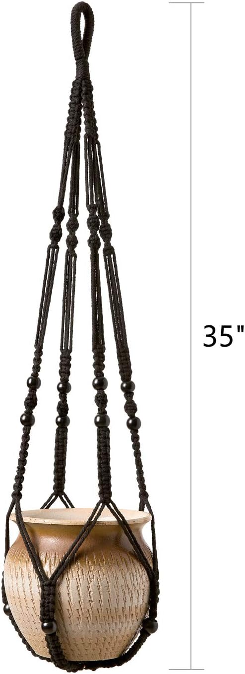 Mkono Macrame Plant Hanger Indoor Hanging Planter Basket with Wood Beads Decorative Flower Pot Holder No Tassels for Indoor Outdoor Boho Home Decor 35 Inch, Black, Set of 2 (POTS NOT Included)
