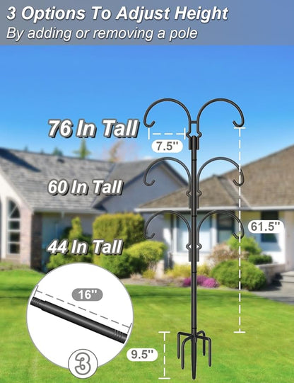 Outdoor Double Shepherds Hook with 5 Prong Base, 76 Inch Adjustable Heavy Duty Two Sided Bird Feeder Pole Stand for Hanging Plant Baskets, Solar Light Lanterns, Hummingbird Feeder, 1 Pack