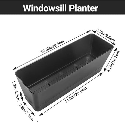 GREANER 12x3.8 Inch Herb Planters, 1 Pack Rectangle Window Boxes with Tray, Indoor Succulent Cactus Mint Plastic Pot for Windowsill, Balcony, Office, Outdoor Garden - Black