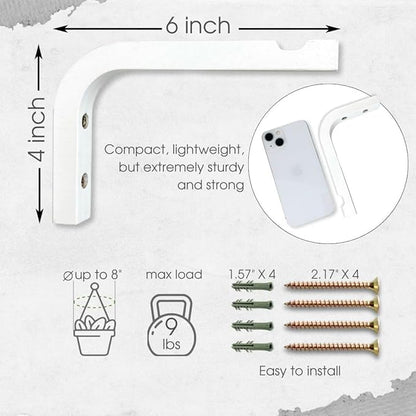 2-Piece Set of Plant Hooks for Wall 6 inch - Mounted Wooden Plant Hook - Indoor and Outdoor Bracket Plant Hanger for Planters, Lanterns, Bird Feeders, Patio Decorations (White)