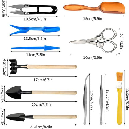 Andiker Mini Garden Tool Set, 12pcs Portable Gardening Hand Tools Set, Multiple Miniature Succulent Tools Set Easy to Carry for Seedlings, Bonsai, Succulents, Terrariums and Planting