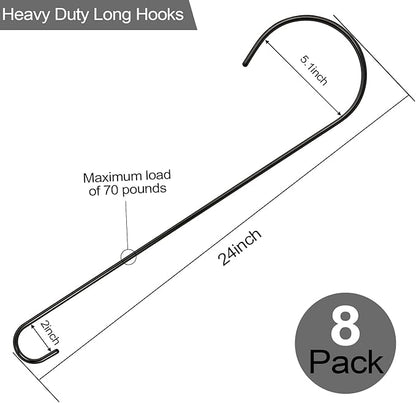 8 Pack 24 Inch Large Tree Branch Hooks Long S Hooks for Hanging Plants, Bird Feeder Hook for Tree, Metal Garden Hooks for Hanging Baskets, Plants, Lanterns Outdoor and Indoor Uses (Black)