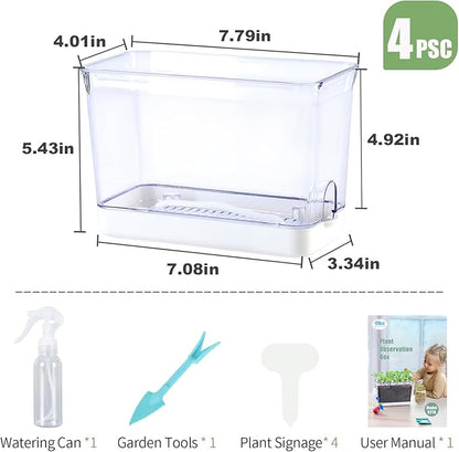 Self Watering Planters for Indoor Plants, 4 Pack Rectangular Clear Plant Pots with Drainage Holes for Spider Plant African Violet, Plant Growth Observations Plant Box for Kids