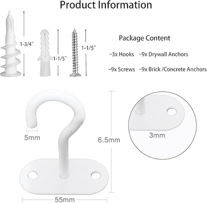 Ceiling Hooks for Hanging Plants-Metal Heavy Duty Wall Mounted Hangers for Hanging Bird Feeders, Planters, Wind Chimes, Include Professional Drywall Anchors (Pure White) 3 Pack