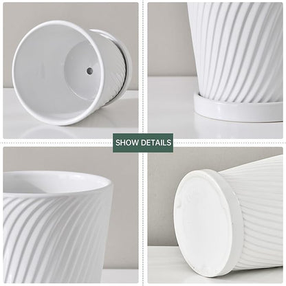 Ton Sin Plant Pots,White 6 Inch Flower Pots for Plants,Ceramic Planter with Drainage Holes,Indoor Planter Pots with Saucer,Outdoor Garden Pots (White, 4 Pack)