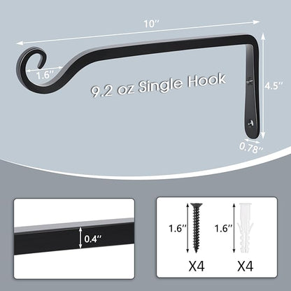 Gtongoko 2 Pack 10 Inch Plant Hangers Outdoor Metal Hanging Plant Bracket Bird Feeder Wall Hooks for Hanging Flower Basket, Wind Chimes, Solar Lanterns, Black