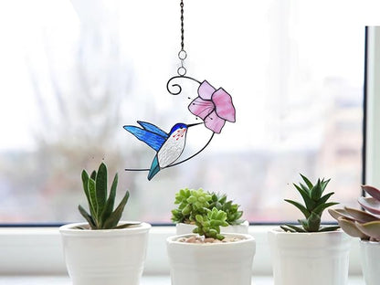 Lolitarcrafts Hummingbird with Flower Stained Glass Suncatcher Bird Stained Glass Window Hangings Hummingbird Gift for Home Decor (Blue with Flower)