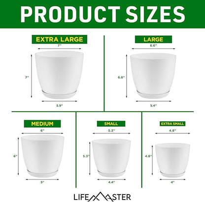 Eco Friendly Plant Pot Set -5-Pack Home Decor Flower Indoor and Outdoor Plastic Pots with Drainage Holes, Assorted Sizes (7", 6.6", 6", 5.3", 4.8") - Stackable Garden Versatile Planters
