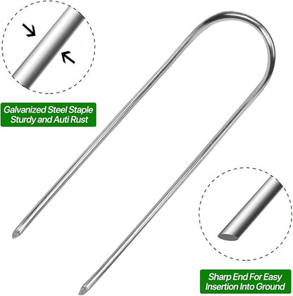 U Shape Garden Stakes 50 Packs 4 Inch 11 Gauge Irrigation Tubing Stakes, Heavy Duty Galvanized Landscape Staples for Tube, Lawns, Landscape Fabrics,Irrigation Hose and Weed Barriers