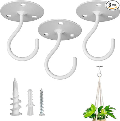 Ceiling Hooks for Hanging Plants - Metal Heavy Duty Wall Mounted Hangers for Hanging Bird Feeders, Planters, Wind Chimes, Include Professional Drywall Anchors (3-Pack (White)