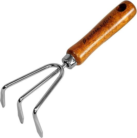 Hand Cultivator Garden Tool Heavy Duty Japanese Steel with Wood Handle, Manual Small Hand Rake Soil Tiller for Weeding, Digging, Cultivating, 3 Claws, Made in Japan, Silver