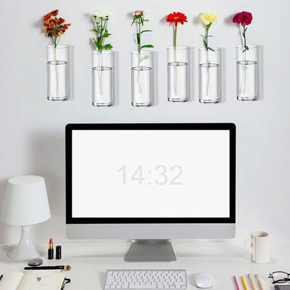 Baderke 6 Pcs Glass Wall Vase for Plants Indoor Hanging Propagation Planter Container Holder with Plastic Invisible Traceless Hangers Hydroponic Plant Succulent Garden Wedding Decor