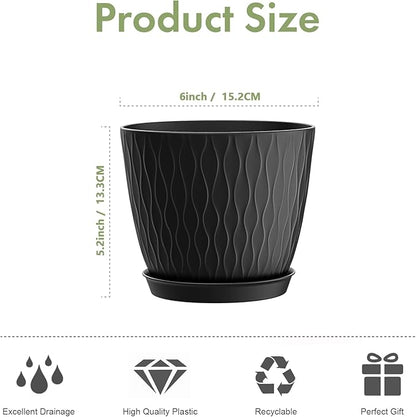 12 Pack 6 inch Plant pots, Plastic Planters with Drainage Holes and Saucers for Indoor Outdoor Flowers and Plants, Black