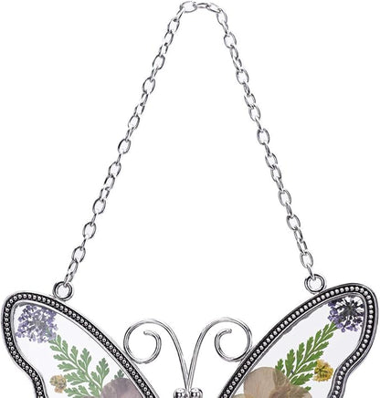 Laraine Butterfly Suncatcher with Pressed Colourful Flower Wings Mom Mother's Day Butterfly Glass Wind Chime Ornament Charm with Metal Heart Gifts for Mom Grandma Birthday (Yellow Grandma)