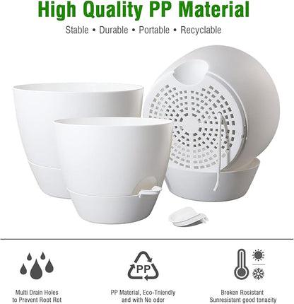 10/9/8 inch Self Watering Pots, Set of 3 Plastic Planters with Mesh Drainage Holes and Deep Reservoir for Indoor Outdoor Garden Plants and Flowers, White