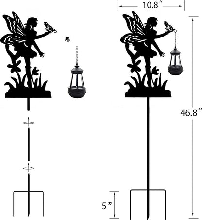 Solar Angel with Butterfly Garden Stakes Outdoor Decor Metal Angel Holding Solar Lantern Decorative Garden Metal Stakes Outdoor Flower Silhouette Stakes