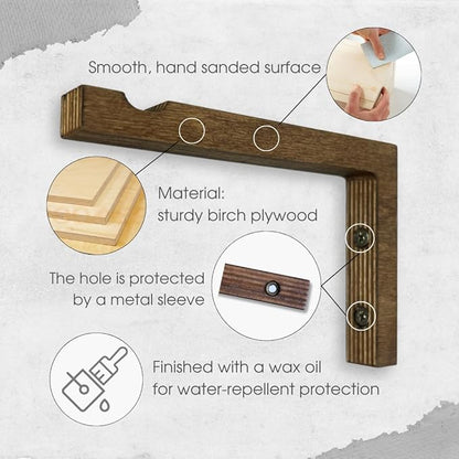 2-Piece Set of Plant Hooks for Wall 6 Inch - L-Shaped Mounted Wooden Plant Hook - Indoor and Outdoor Bracket Plant Hanger for Planters, Lanterns, Bird Feeders and Plant Basket (Walnut)