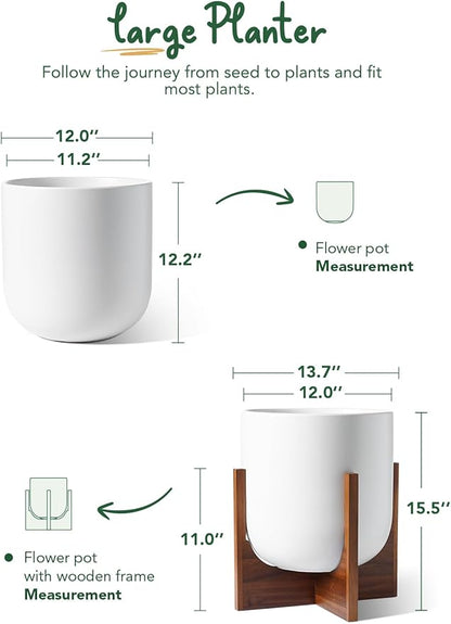 LE TAUCI 12 Inch Pots for Plants with Acacia Wood Stand, Ceramic Large Planters for Indoor Plants, Indoor Plant Pots for Office Living Room, Cylinder Pots for Plants with Drainage Hole and Plug, White