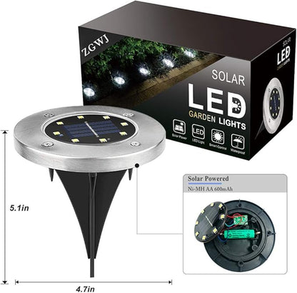 ZGWJ Solar Ground Lights,8 LED Disk Lights Upgraded Outdoor Garden Lights Landscape Lights for Lawn Pathway Yard Deck Patio Walkway White, 8 Pack
