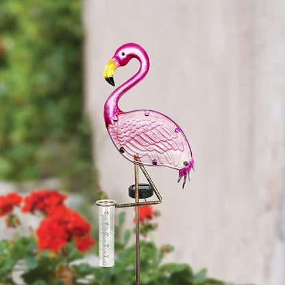LEWIS&WAYNE 43’’ Solar Flamingo Rain Gauge Outdoor Decorative Metal Stake LED Lights with Glass Tube Solar Pathway Lights for Garden, Yard, Patio, Lawn Decor