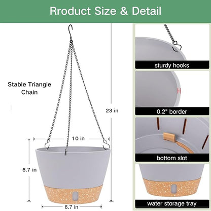 QCQHDU 2 Pack 10 inch Hanging Planters for Indoor Plants, Outdoor Hanging Baskets, Self Watering Pots with Drainage Holes & Removable Tray (Light Grey, 10 inch)