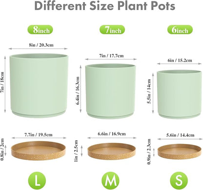 8/7/6 inch Plant Pots, 3 Pack Cylinder Flower Pots for Outdoor Indoor Plants, Decorative Plastic Planters with Drainage Holes and Saucers for Garden House Plants, Green with Brown