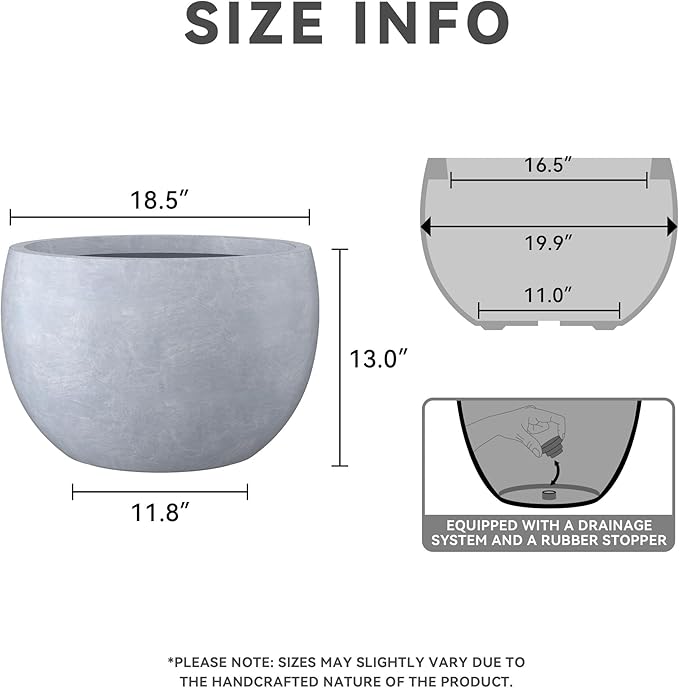 Kante 19.9" Dia Lightweight Concrete Outdoor Round Bowl Planter, Outdoor/Indoor Large Planters Pots with Drainage Hole for Garden Patio Balcony Deck Living Room, Slate Gray