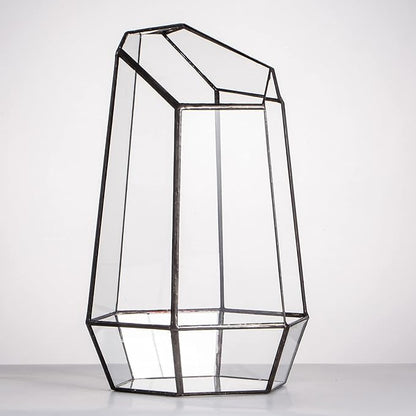 NCYP Geometric Glass Terrarium Planter for Succulent, Small Cacti - 6.5" x 5.7" x 9.8" Black Irregular Opened Container Pot, Indoor Home Garden Office Tabletop Decor (No Plants, No Door)