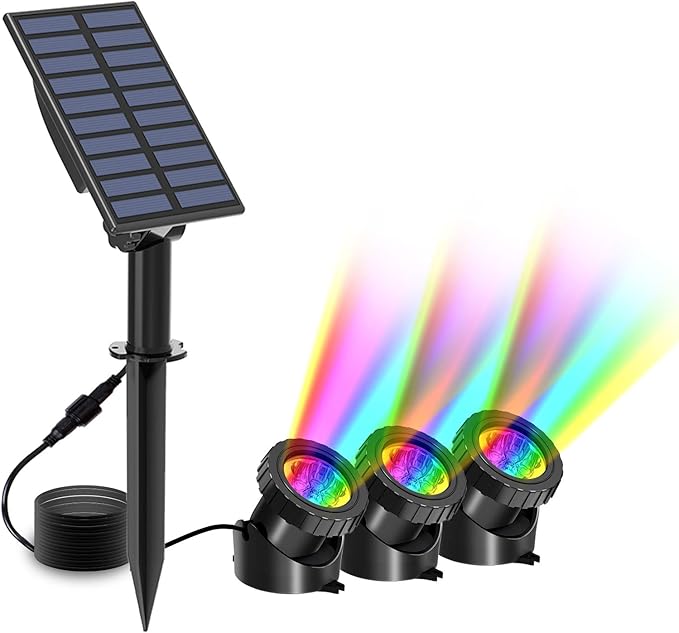 T-SUN Solar Pond Lights, 3 in 1 RGB Color Changing Underwater Pond Lights, Outdoor Waterproof LED Landscape Spotlights for Fish Tank Garden Yard Pool Pond Fountain Waterfall Decoration(3 Head Lamp)