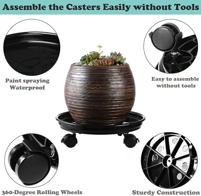 4 Packs Plant Caddy with Wheels 11.8" Plastic Rolling Plant Stands Heavy-duty Plant Dolly with Casters Indoor Outdoor Wheeled Plant Roller Base Large Planter Saucers Plant Mover, Black