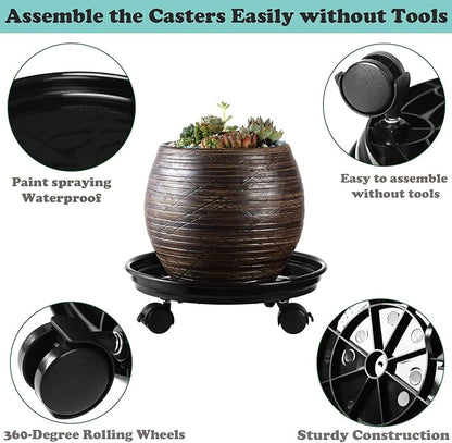 4 Packs Plant Caddy with Wheels 11.8" Plastic Rolling Plant Stands Heavy-duty Plant Dolly with Casters Indoor Outdoor Wheeled Plant Roller Base Large Planter Saucers Plant Mover, Black