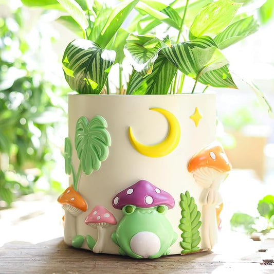 GUGUGO Colorful Frog Garden Planters Cute Unique Rainbow Planter with Drainage, Vintage Retro Mushroom Flower Plant pots for Indoor Plants, Eclectic Succulent Gardening Pot for Home Décor (A, 5Inch)