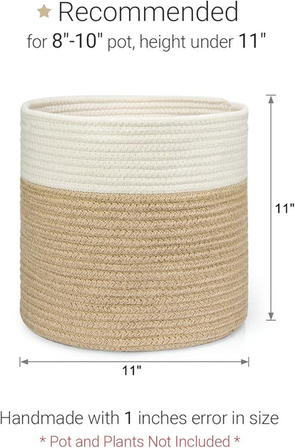 Dahey Jute Spliced Cotton Rope Plant Basket Modern Woven Storage Basket for 10" Floor Indoor Planter, Decorative Flower Pots Cover Laundry Bin with Handle Rustic Home Decor, White and Beige