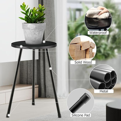 Tall Plant Stand, Mid Century Wood Indoor Plant Stand Black Plant Table for Flower Pots, Metal Plant Holder, Modern Home Decor Small Round Side End Table (11.8"x20")
