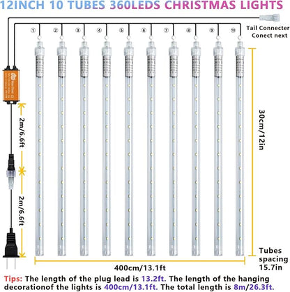 Meteor Shower Lights, Christmas Lights, 12 Inch 10 Tube 360 LED Rain Falling Icicle Cascading Lights for Xmas Tree Halloween Patio Garden Roof Eaves Decoration