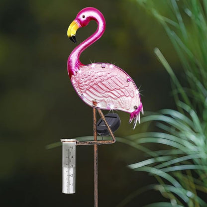 LEWIS&WAYNE 43’’ Solar Flamingo Rain Gauge Outdoor Decorative Metal Stake LED Lights with Glass Tube Solar Pathway Lights for Garden, Yard, Patio, Lawn Decor