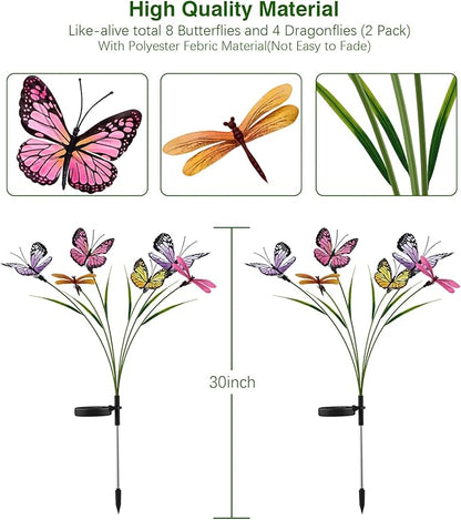 Aiscool Solar Garden Lights, Swaying Dance Butterfly Light Outside, Solar Outdoor Lights,Yard Patio Pathway Lawn Summer Decoration,Realistic Butterflies & Dragonflies(2 Pack)