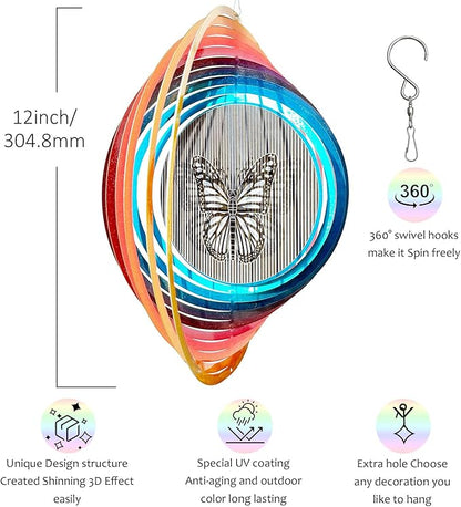 Wind Spinner Creates a Fluttering Butterfly 3D Animations Effect,Wind Spinners Ouddoor Butterfly Gift for Women/Grandma/Mom/Wife,12inch Mandala Wind Spinner Hanging Garden Yard Art Decor