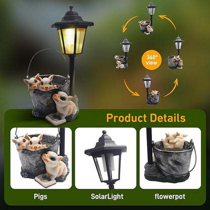 Outdoor Pigs Statues Solar Sculptures with Solar Lights and Flowerpot Funny Garden Decor Animal Figurines Resin Outdoor Statues for Patio Yard Lawn Balcony Gifts